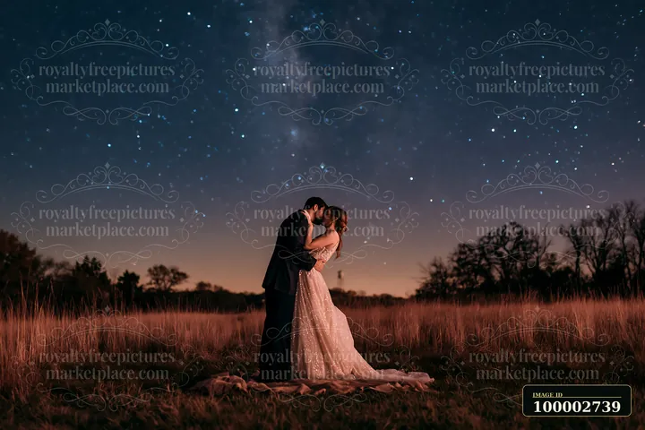 A wedding couple kisses passionately under a vast star-filled sky at dusk, surrounded by an open field and gentle grass.