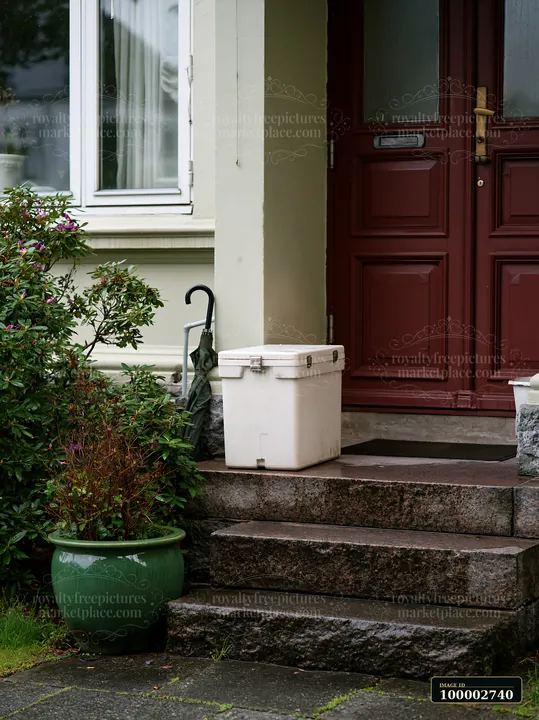 An insulated milk delivery box sits at the doorstep next to a plant and an umbrella.
