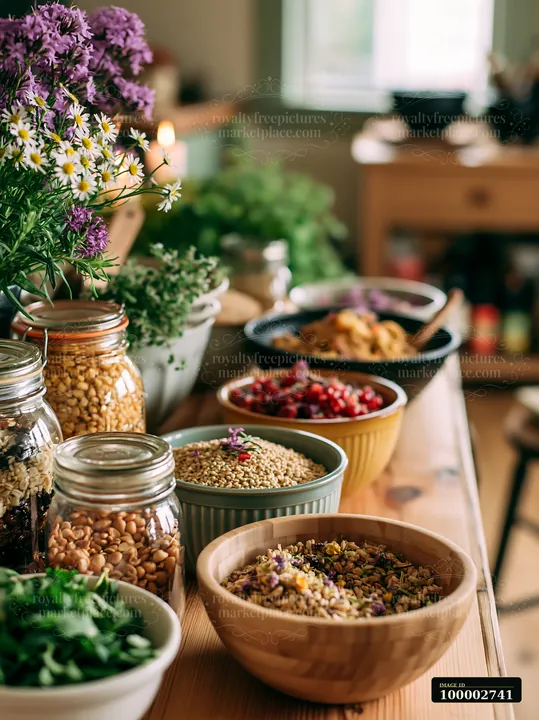 A zero waste buffet table features various jars and bowls filled with grains, nuts, and herbs, surrounded by fresh flowers.