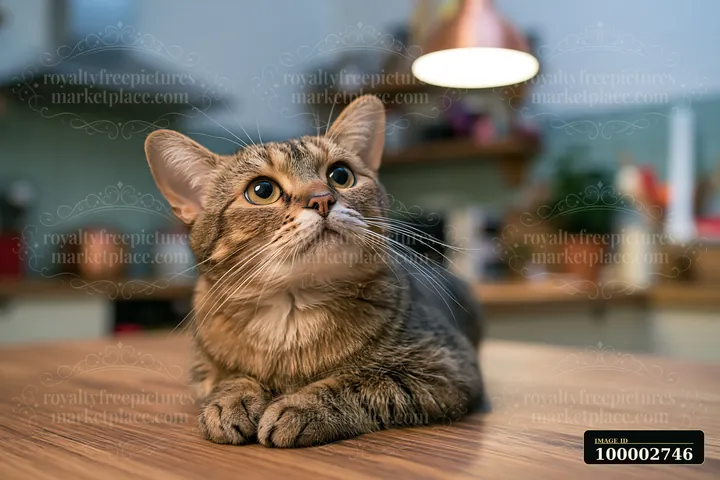 A Dwelf cat portrait shows the feline lying on a wooden table, looking attentively upward in a bright kitchen with simple decor and warm lighting.