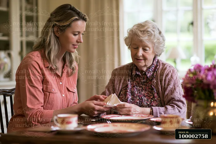 A caregiver providing companionship to senior dementia patient shares a moment while crafting at a dining table.