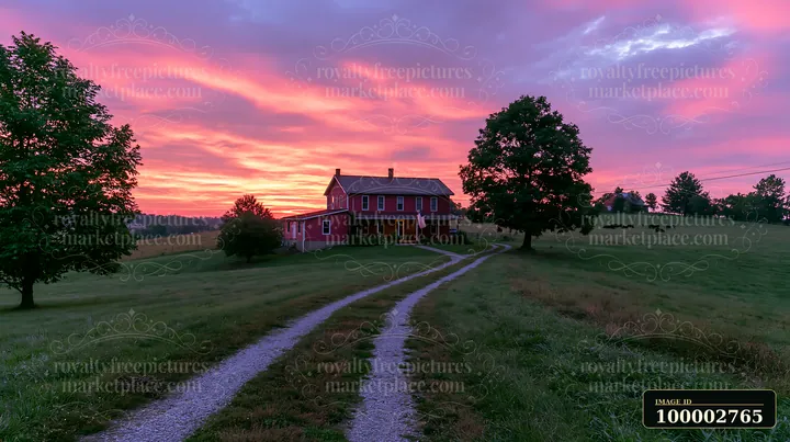 An American flag flies on a rural farmhouse with a dirt path leading up to it.