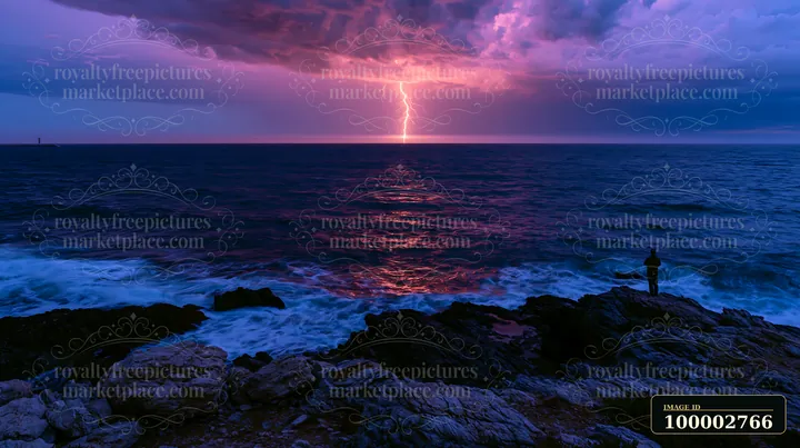 A storm brews over the ocean as lightning strikes along the coastline during sunset.