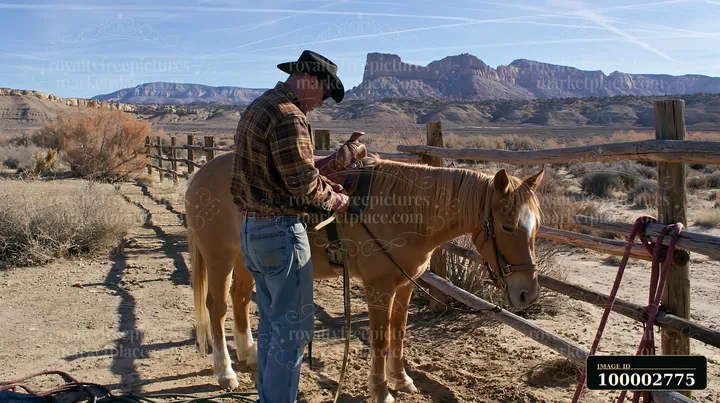 A man saddling a horse stands next to a wooden fence in a desert area with mountains in the background.