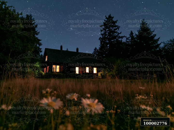 A house stands against a starry night sky, with warm light glowing from its windows.