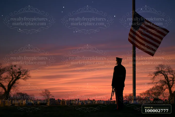 A soldier stands by an American flag in a cemetery during sunset.