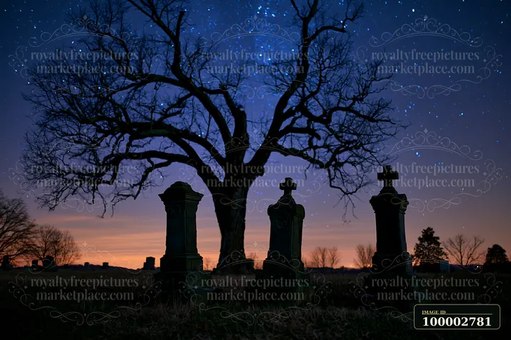 Headstones silhouetted against a starry sky create a dramatic scene in a cemetery during dusk.