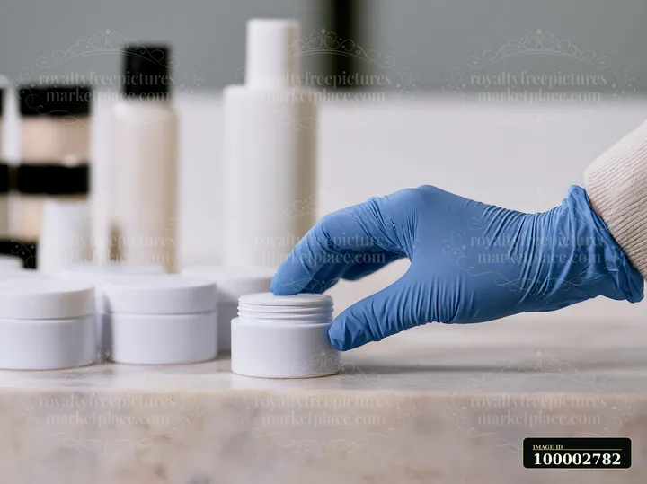 A hand wearing a blue glove reaches for a cream dose beside unbranded cosmetic containers on a tabletop.