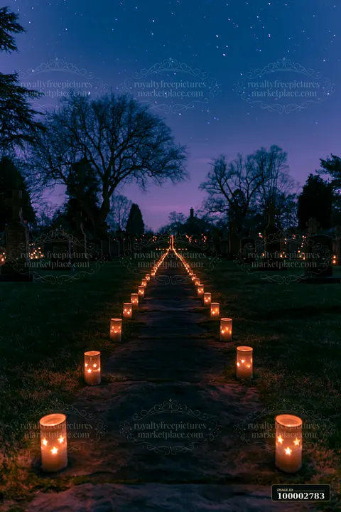Candles line military graves in a cemetery at night, casting a warm glow under a starry sky.