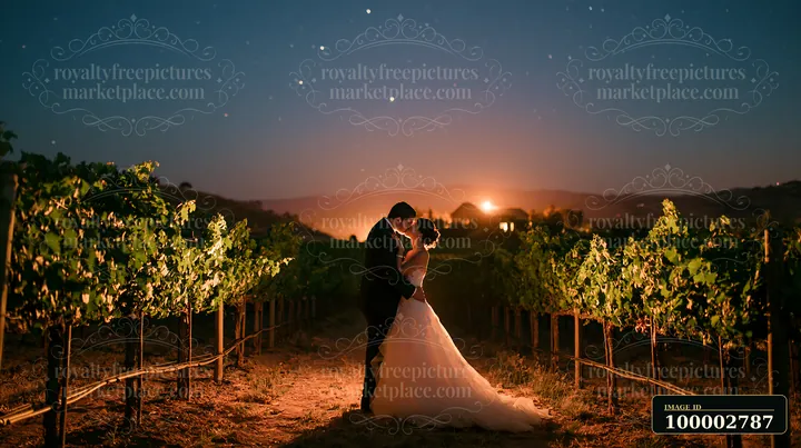 A couple kissing under a starry sky stands amidst vineyards at night.