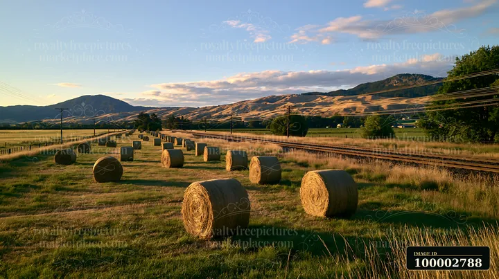 A meadow alongside railway tracks features round hay bales scattered across grass.