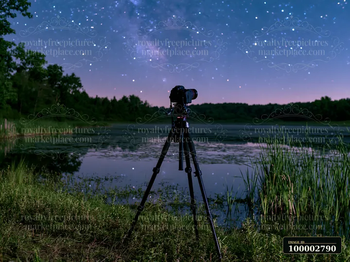 A camera tripod stands by the edge of a quiet lake, capturing the starry night sky.