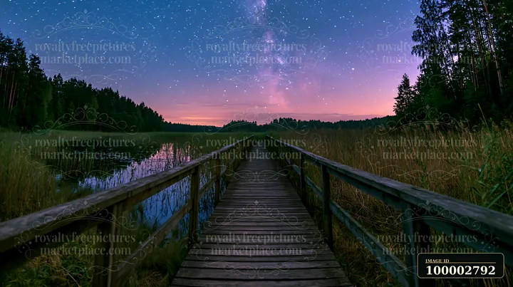 A wooden walkway stretches over a calm lake with trees lining the shore.