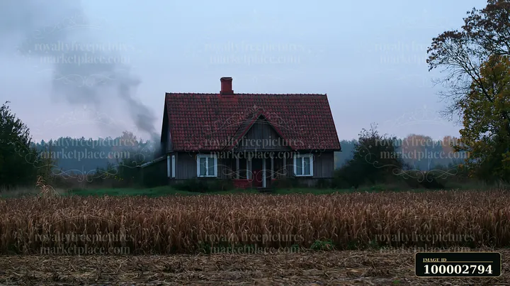 A rural cottage has soft smoke rising from the chimney, set against a backdrop of fields and distant trees during the early evening.