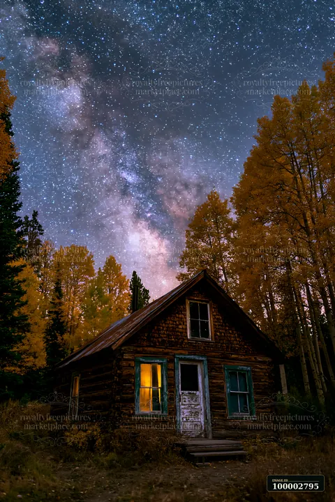 A cozy cabin stands in a valley, illuminated from within, surrounded by tall trees and a clear night sky filled with stars and the Milky Way.