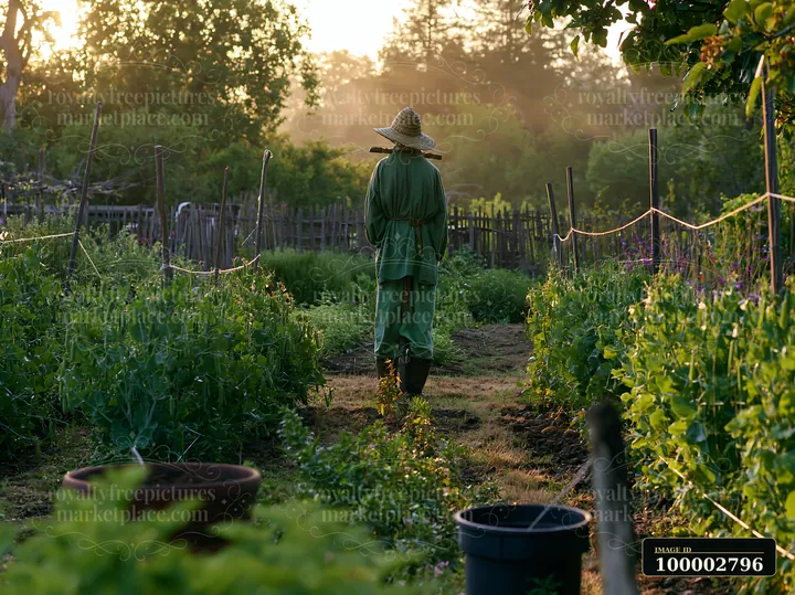 A scarecrow in a spring garden stands among rows of growing plants.