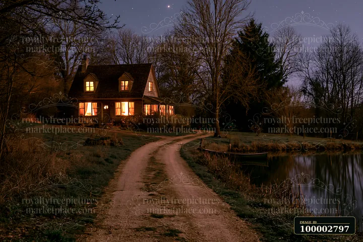 A cozy house beside a pond at night features warm light from its windows.
