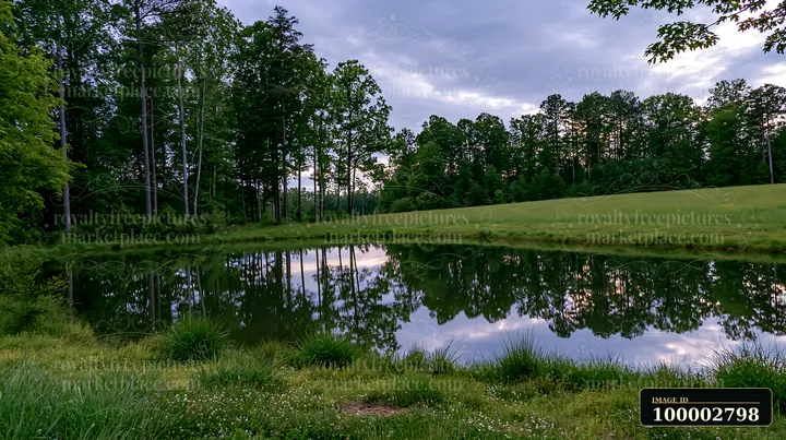 A tree line bordering a meadow reflects on a calm pond under a cloudy sky.