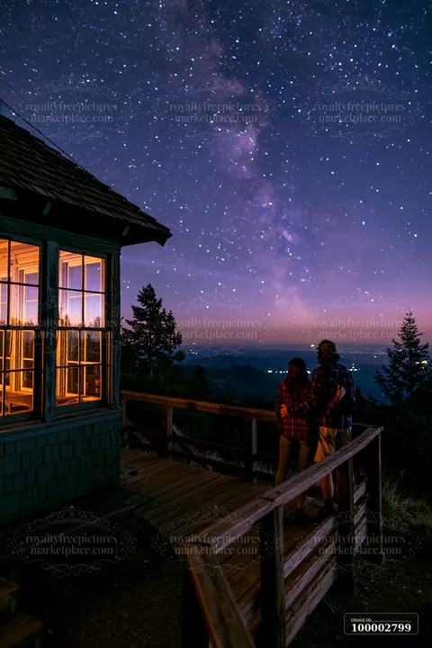 A couple watches stars from a mountain while standing near a cabin.