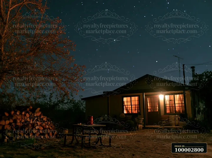 A warm light shines from the windows of a desert home under starry sky.