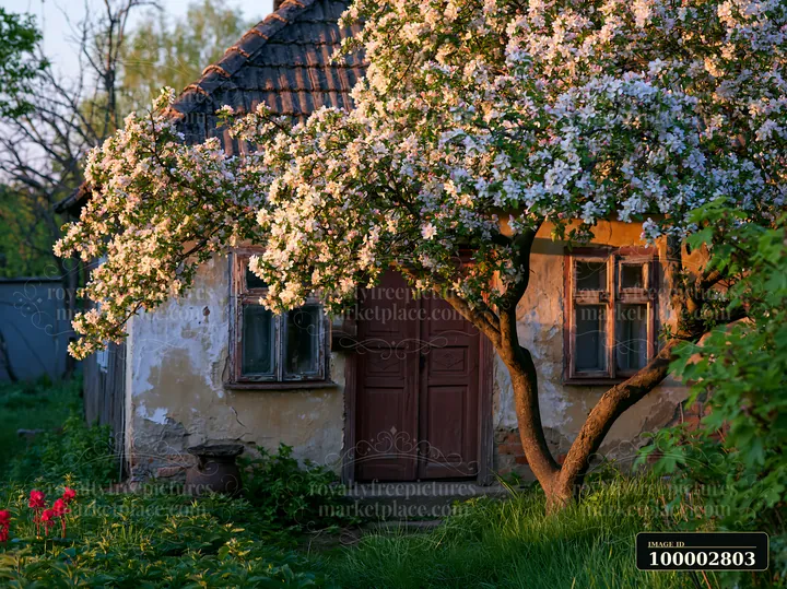 An old cottage with weathered facade sits under a flowering tree in a lush green garden.
