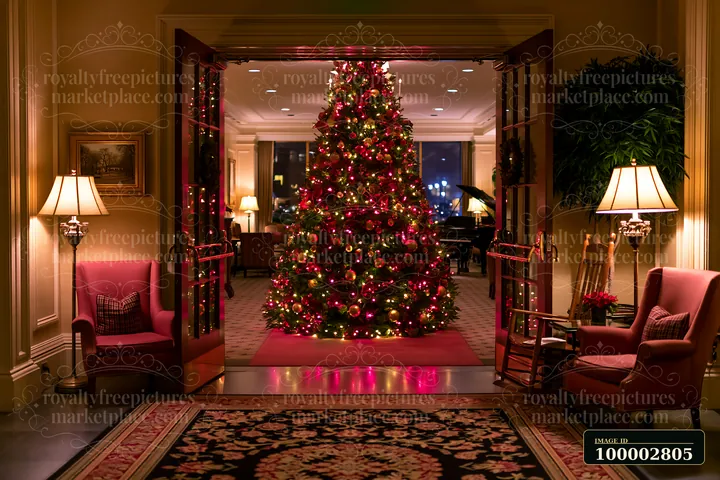 A large Christmas tree stands in a hotel lobby, adorned with lights and decorations.