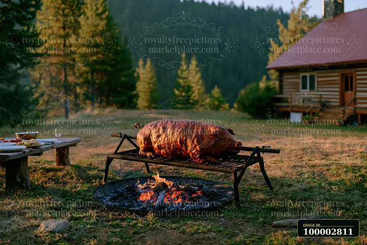A whole pig is roasting over glowing charcoal embers in a grassy area with trees in the background.