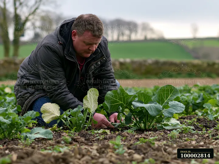 A farmer inspecting meadow crops in a field is seen kneeling down to check the growth of vegetables.