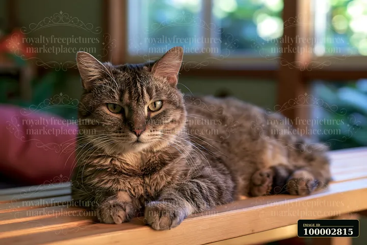 A Minskin cat relaxes on a wooden surface in a bright room with natural light.