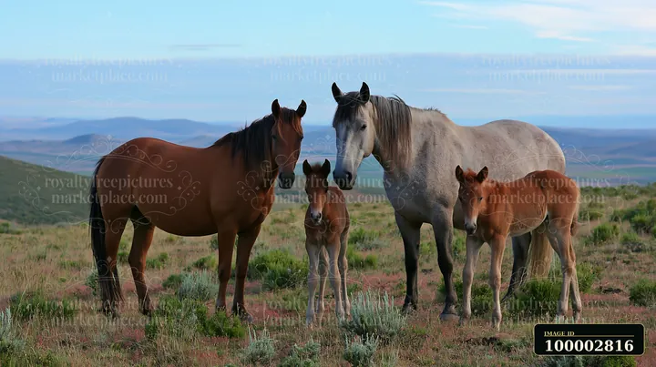 A wild horse family grazes together in an open field surrounded by hills.
