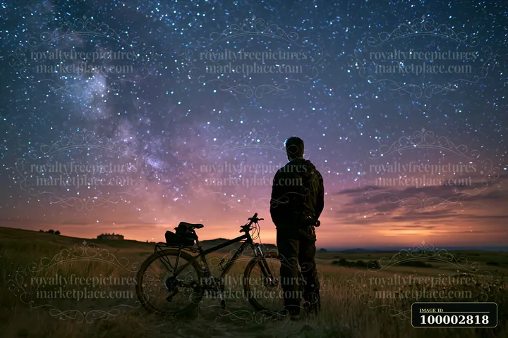 A person stands beside a bicycle, gazing up at a starry sky filled with countless stars.