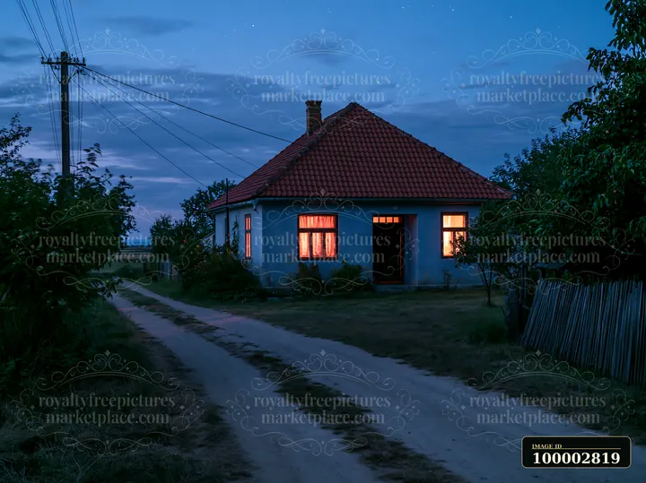 A house stands under a sky filled with stars during blue hour.