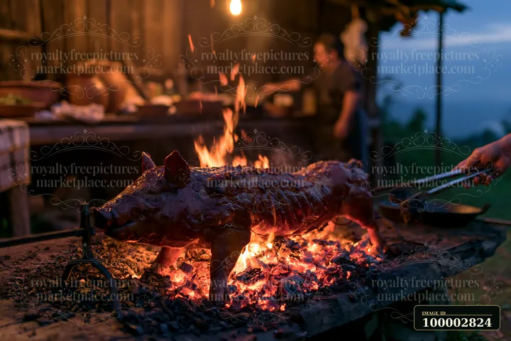 A whole suckling pig roasting on a spit over a charcoal grill in a rustic outdoor setting.