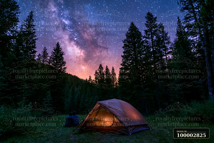 A couple viewing the Milky Way from a forest clearing relaxes near a lit tent in a wooded area.