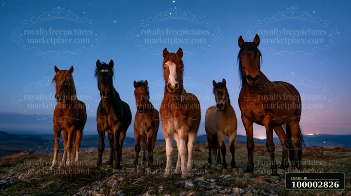 A group of horses stands together on a hillside as stars fill the night sky.