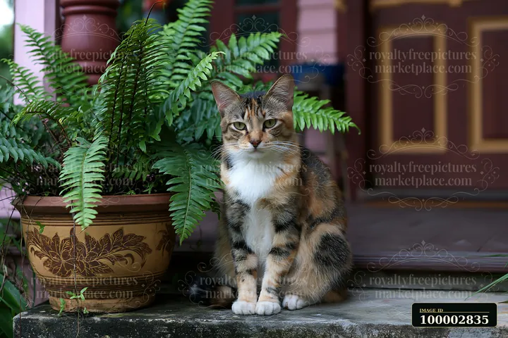 A Suphalak cat sits on a stone step next to a potted fern.