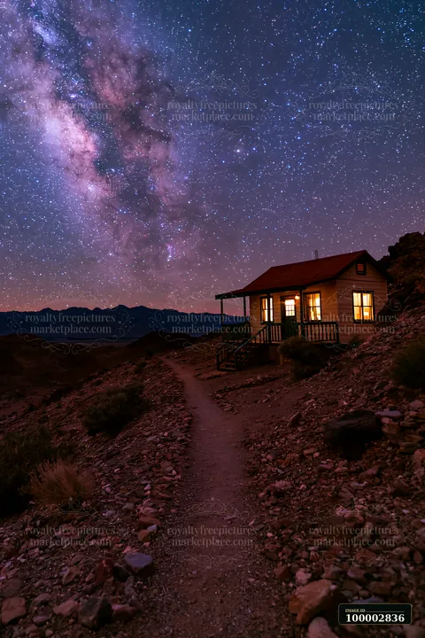 A remote house sits on a rocky path surrounded by mountains, illuminated by the warm glow of its windows.