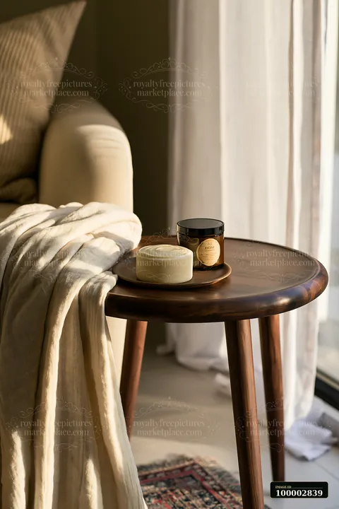 A cream dose sits next to a folded robe on a wooden table in a sunlit room.