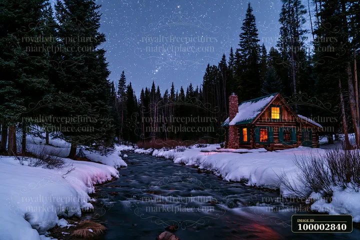 A cozy cabin sits beside a flowing stream in a snowy forest under a starry night sky.