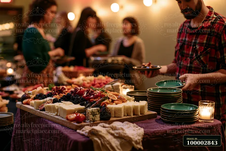Guests gather around a zero waste buffet table filled with fruits, cheeses, and snacks.
