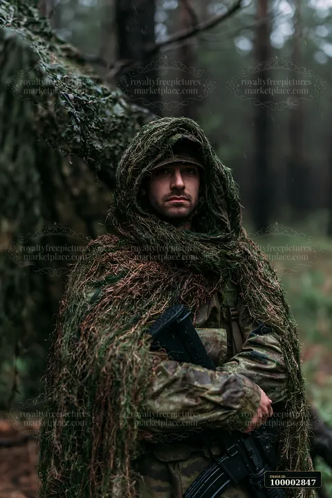A soldier stands under camouflage netting in a forest.