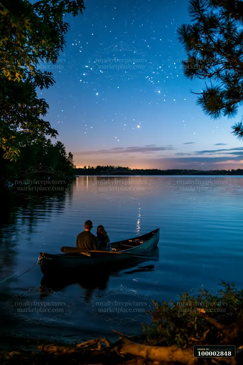 A couple watching stars beside a lake sits in a canoe.