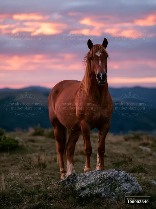 A horse stands on a rock against a backdrop of a dark mountain ridge as sunset colors fill the sky.