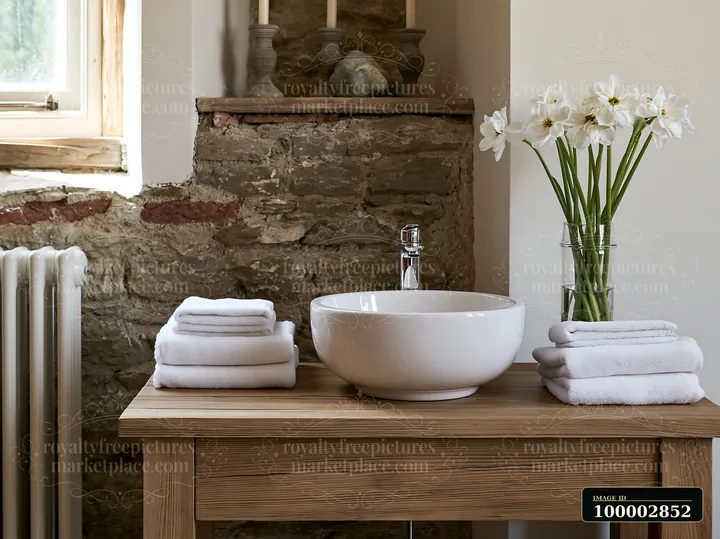 This farmhouse interior features a sink on a wooden table, surrounded by neatly folded towels and a vase of flowers.
