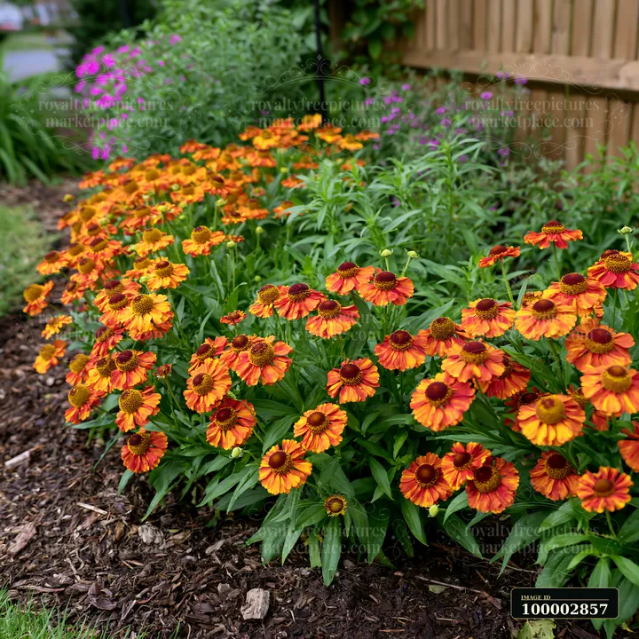 Bright helenium flowers in borders create a vibrant scene in a lush garden.