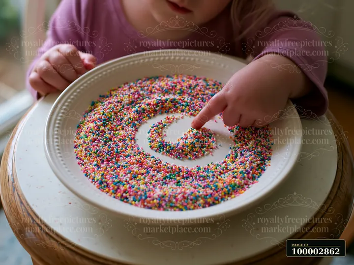 A child plays with rainbow sprinkles arranged in a swirl on a plate.
