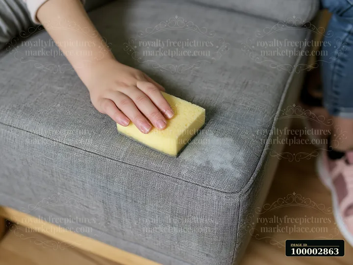 A person uses a yellow sponge to remove a stain from a gray upholstered couch in a living room setting.