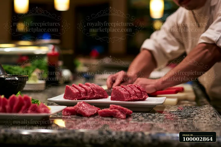 A chef preparing sushi at restaurant counter skillfully cuts fresh fish into precise pieces.