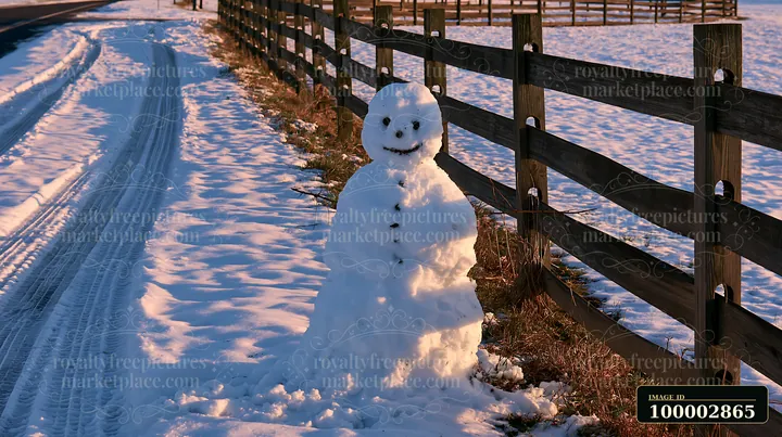 A snowman beside a wooden fence stands along a snowy path next to a road.