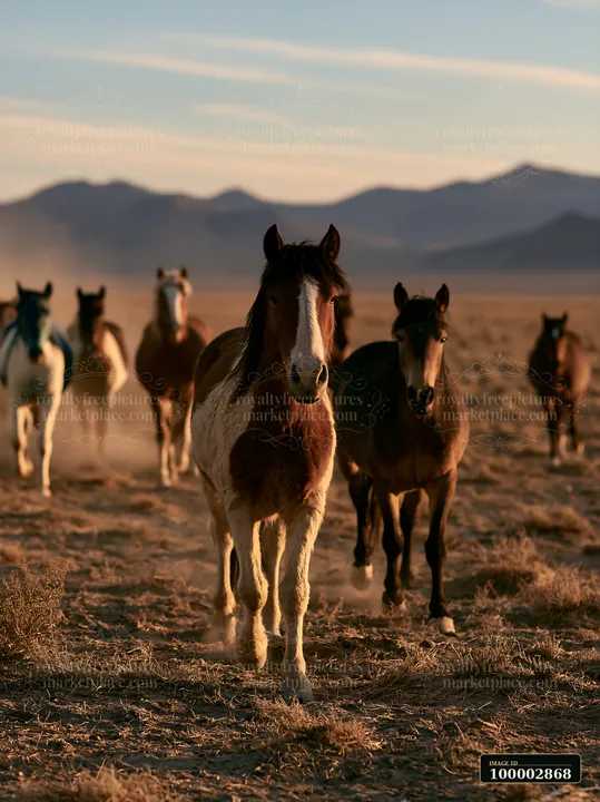 Wild horses run across a dusty desert plain during sunset.